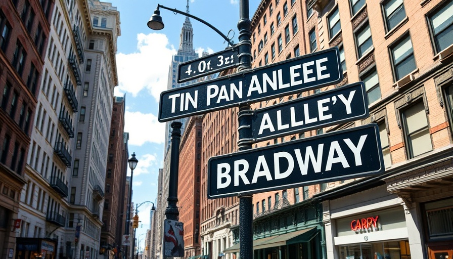 Tin Pan Alley street sign at Broadway intersection on sunny NYC day.