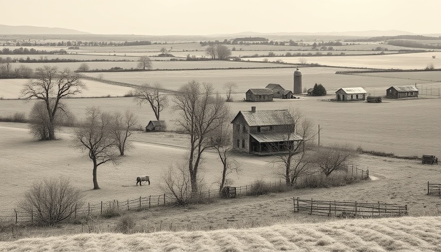 Historical countryside scene capturing Luke Welsh history with farmhouses.