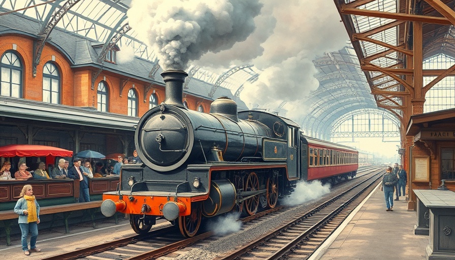 Historic steam train at Stockton station, vintage illustration.