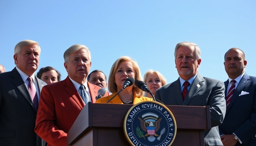 Politicians discuss government shutdown under clear blue sky at podium.