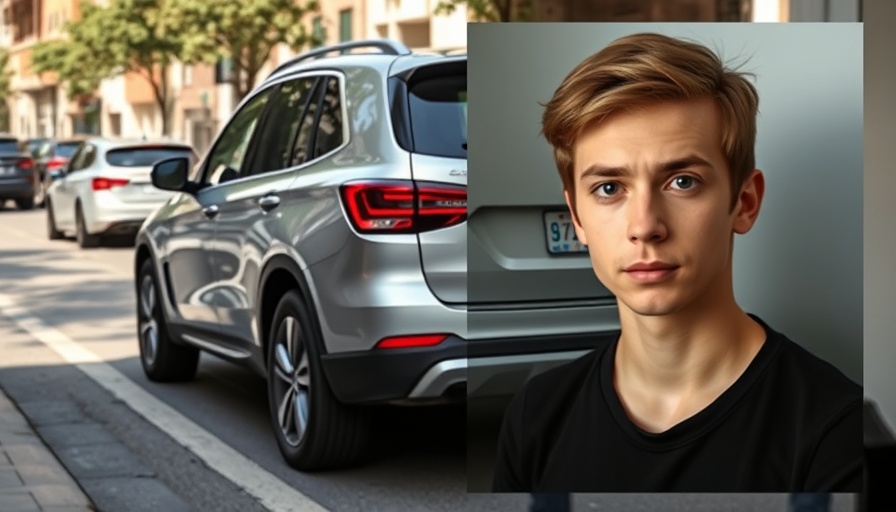 Damaged silver SUV and young man with serious expression, violence against ICE officers context.