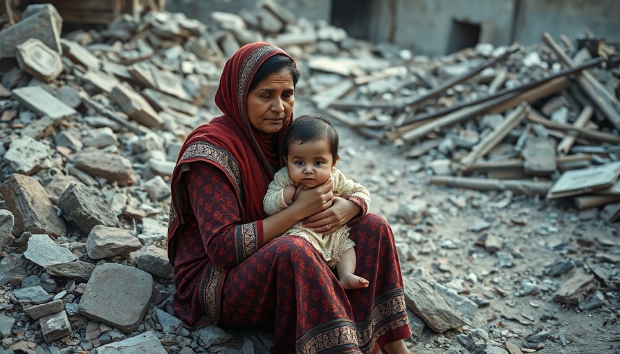 Mother and child amidst rubble, resilience in war-torn area.