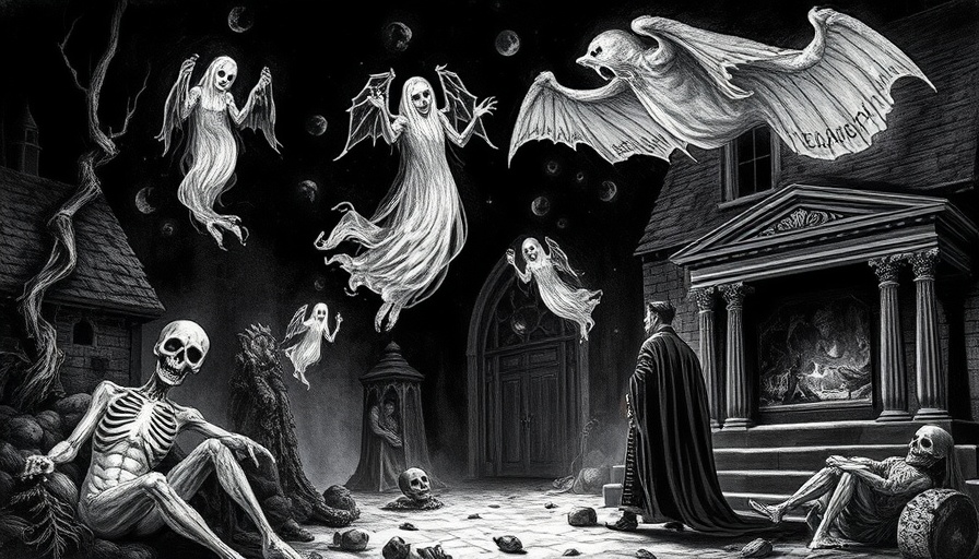 Vintage ghost story illustration, Bowery Boys Halloween theme.
