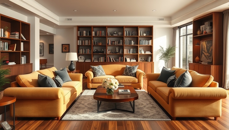 Elegant, cozy living room with plush sofas and bookshelf, most popular new living spaces.