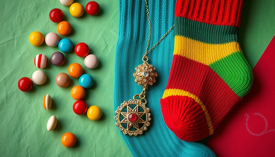 Colorful stocking stuffer gift items for 2025, including candies, jewelry, socks.