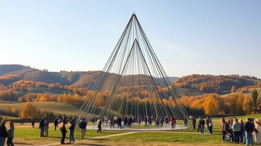 Geometric installation in a autumnal landscape with people nearby.
