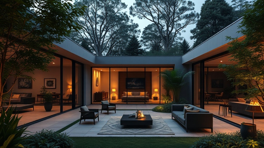 Elegant modern courtyard home design at dusk with stylish outdoor setting