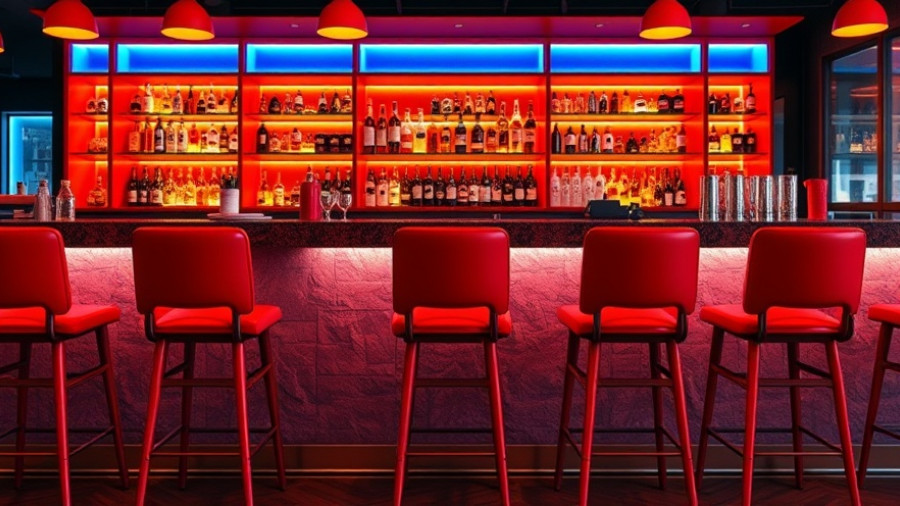 Bar interior with red stools and humble materials.