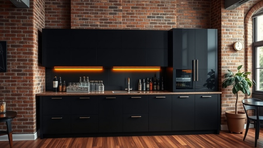 Stylish modern home bar with dark cabinets and brick wall.