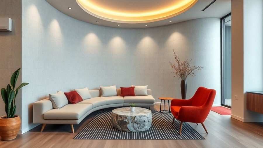 Sustainable showroom design in Madrid with cozy seating area.