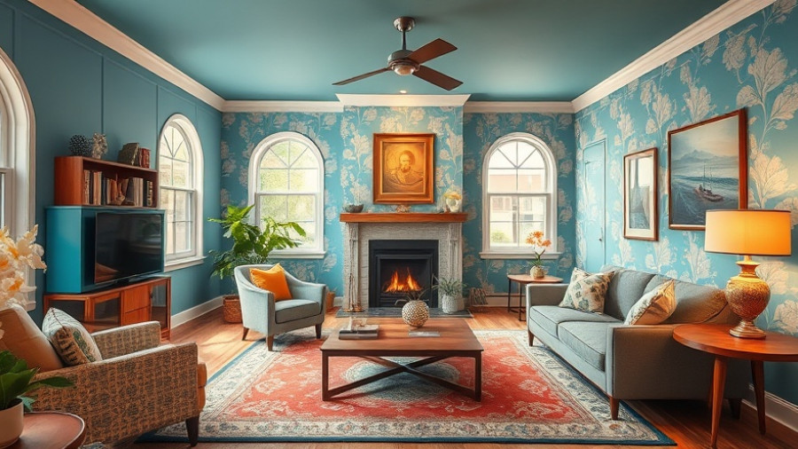 3D mid-century living room with stylish decor and warm lighting.