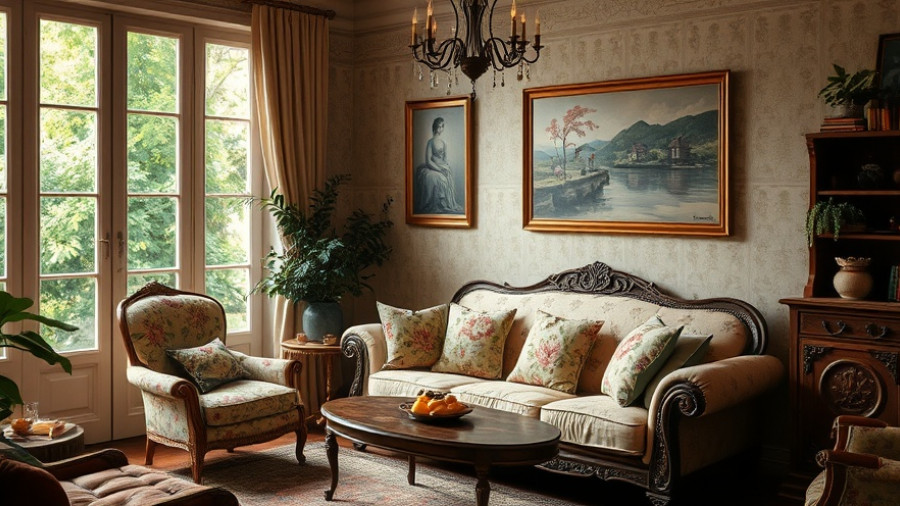 Charming vintage living room with elegant decor and greenery view.