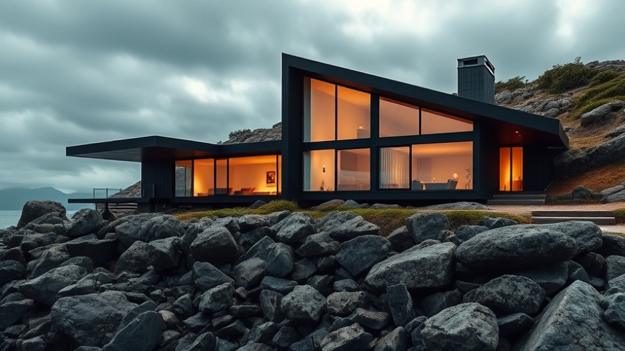 Sleek modernist home on rugged coastal rocks with warm interior lighting.