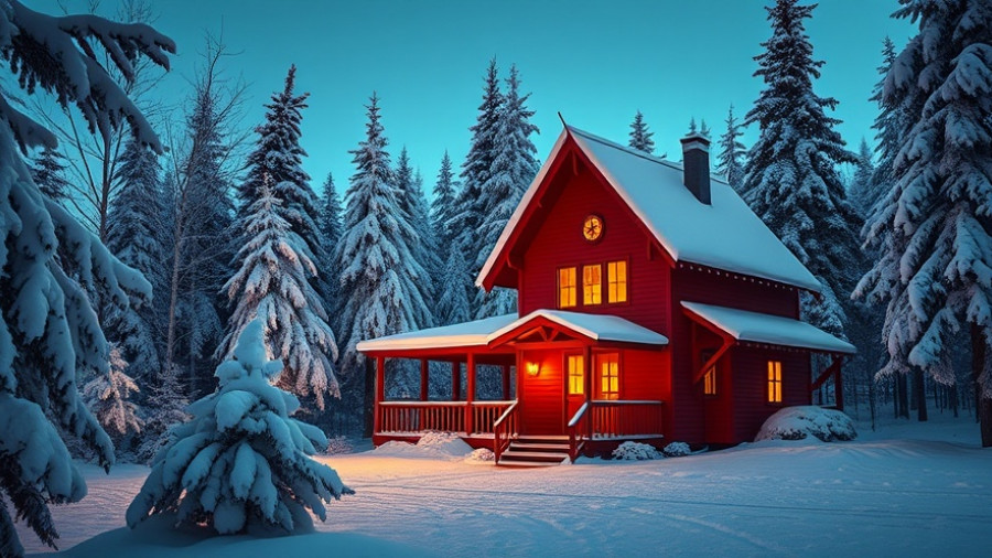 Cozy snow-covered house in winter forest, glowing with warmth.
