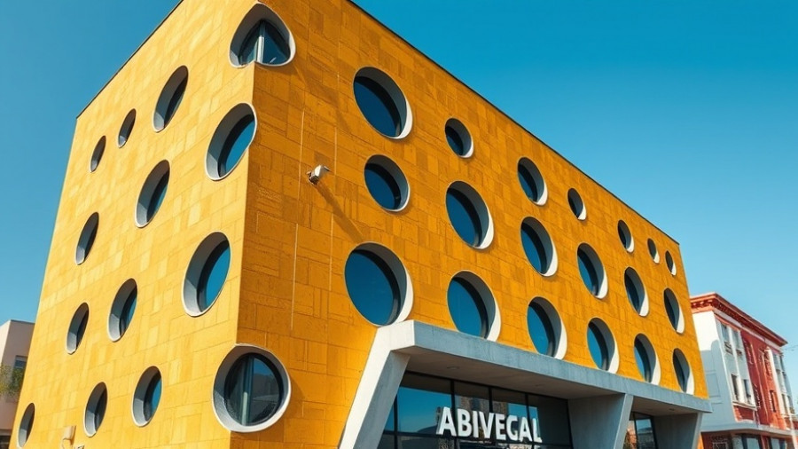 Modern building displaying unique local architecture with geometric design.