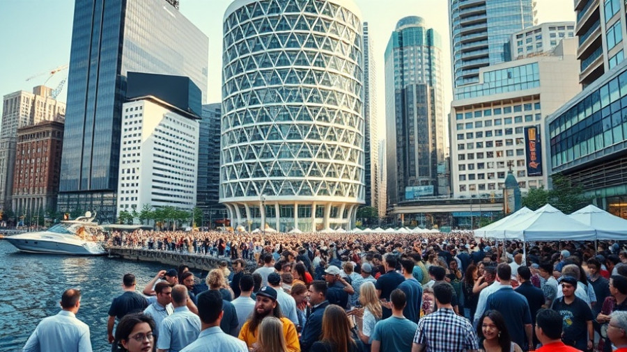 Lively crowd near Tip of Nordø Copenhagen with modern architecture.