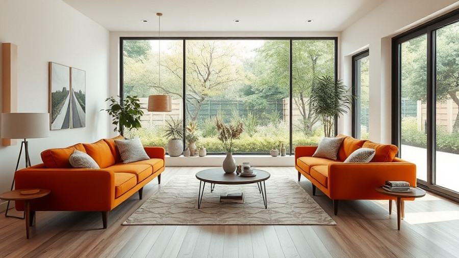 Mid-century modern living room with elegant orange sofas and natural light, Heritage Home Renovations.
