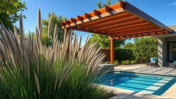 Modern backyard with privacy plants near a poolside.