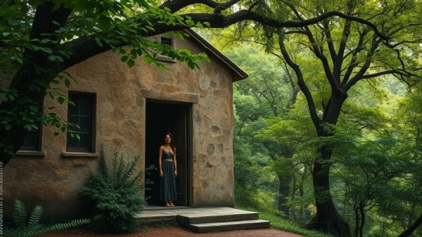 Sustainable architecture in India: eco-friendly building with woman in forest.