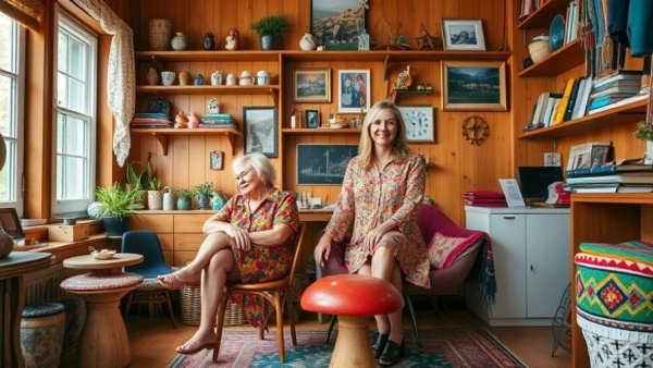 Missoni Alpine Hideaway: Colorful interior with two women and eclectic decor.