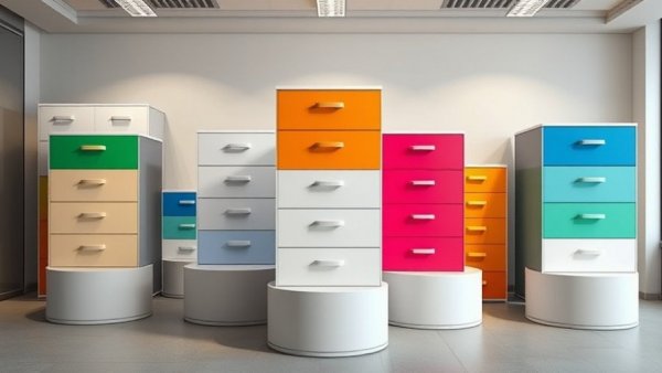 Stylish Bisley furniture for home offices, colorful drawers on modern pedestals.
