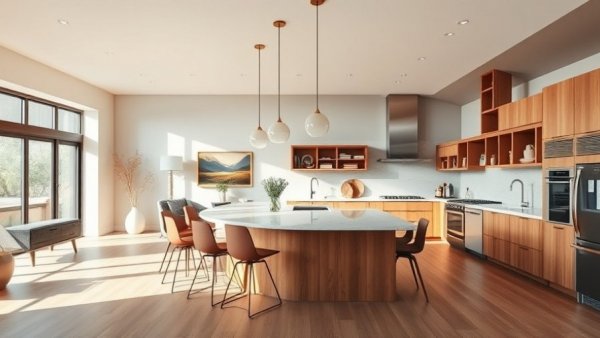 Warm contemporary kitchen with island and modern design.