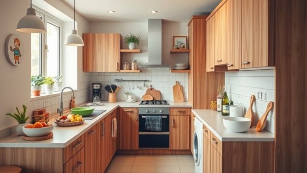 Warm wood and white kitchen with child art and ambient lighting.
