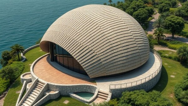 Sustainable architecture in Indonesia: clam-shaped building with ocean view.