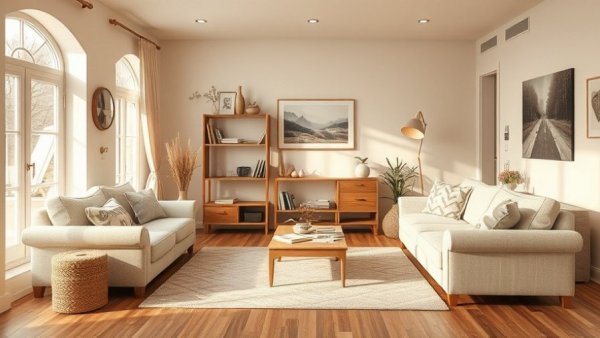 Cozy modern interior with nostalgic design, soft lighting.