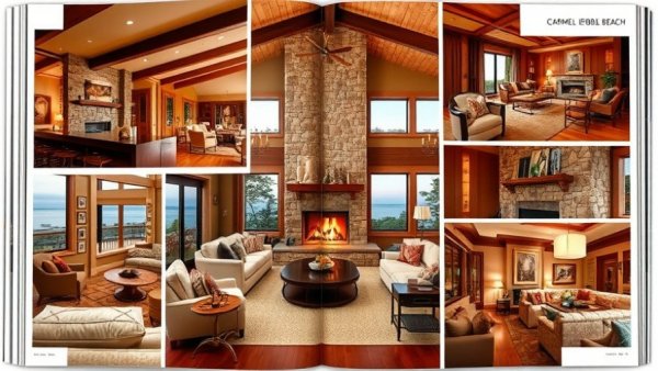 Carmel Pebble Beach interior design magazine collage, elegant and cozy.