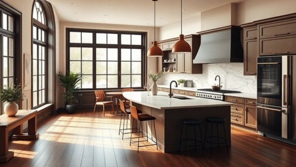 Modern kitchen remodel in a historic home with island and natural light.