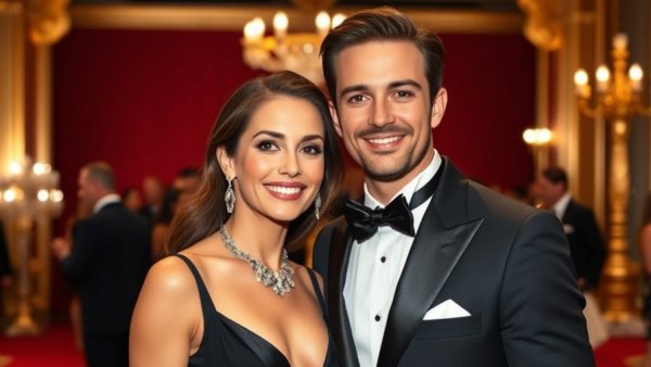 Elegant black-tie couple posing with red and gold backdrop.
