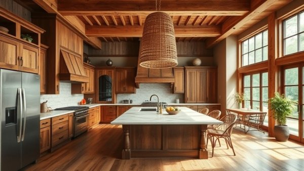 Spacious rustic kitchen featuring wooden cabinetry and island.