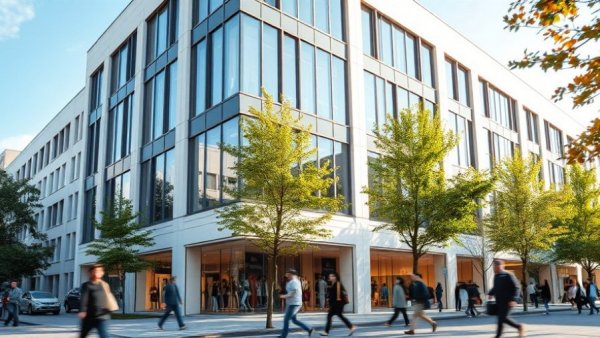 Joyce F. Brown Academic Building facade with modern design and urban scene.