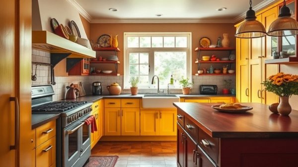 Charming colorful kitchen with vintage stove and vibrant cabinetry.