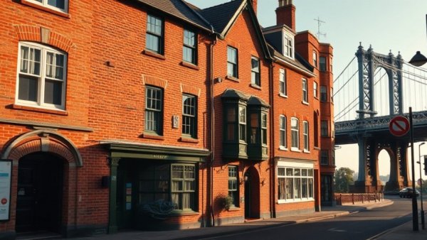 Street view of adaptive reuse of heritage buildings, showing red-brick architecture and urban landscape.