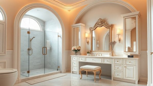 Elegant bathroom with modern makeup vanity and mirror.