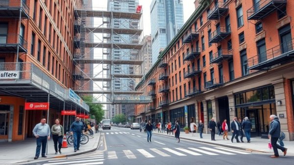 Modern New York City street view with scaffolding and pedestrians.
