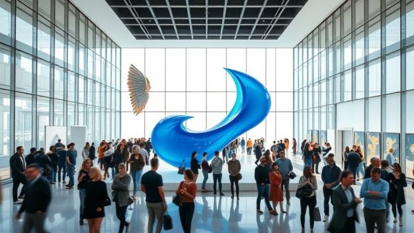 Courage in Design showcased in art gallery with blue sculpture.