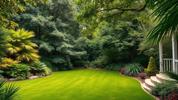 Tranquil garden setting with a stone patio and lush greenery.
