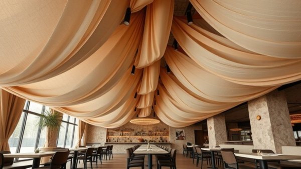 Elegant sustainable restaurant interior with draped fabric design.