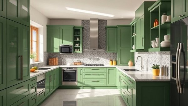Modern kitchen showcasing smart storage solutions with green cabinetry.