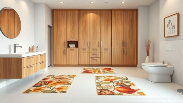 Stylish bathroom remodel with wooden cabinets and botanical decor.