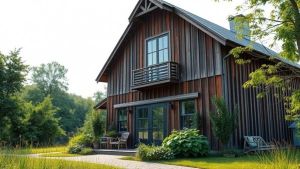 Sustainable architecture Hertfordshire: Wooden barn with lush garden.