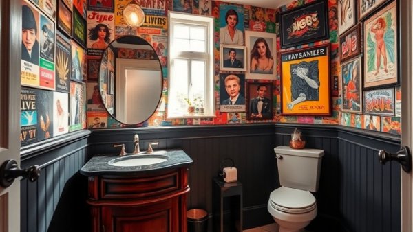 Eclectic bathroom wallcovering ideas featuring colorful art and posters.