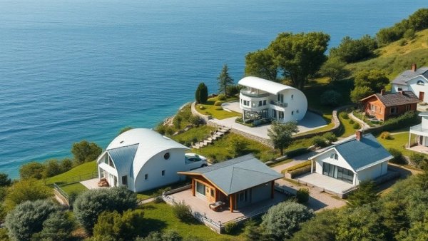 Aerial view of coastal Latvian homes with unique architecture.