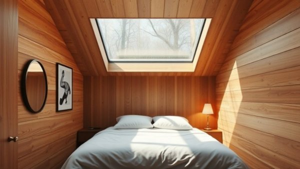Compact bedroom design with wooden walls and skylight, cozy atmosphere.