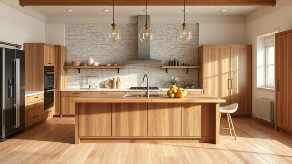 Modern rustic kitchen with island and pendant lights in popular 2025 design.