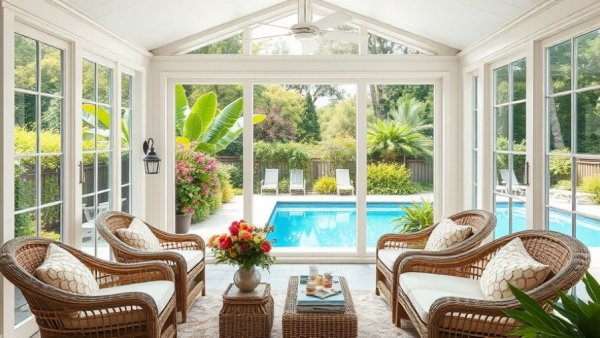 Bright sunroom with wicker seating and garden view, inspiring sunroom ideas.
