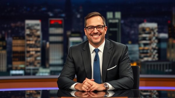 Talk show host in suit with night sky background.